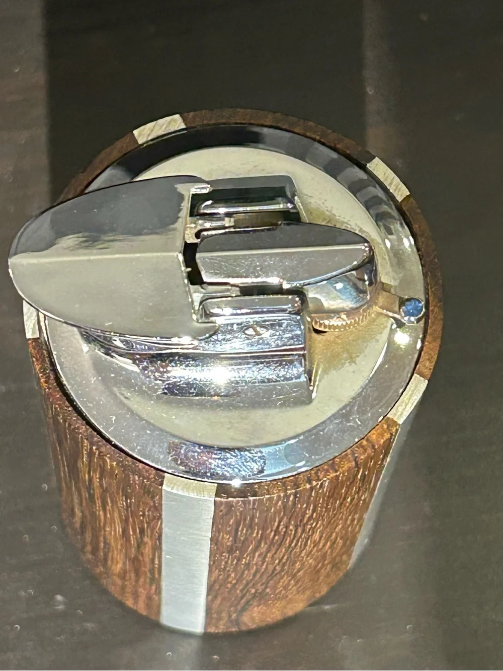 Vintage Ronson Varaflame SKOAL table lighter in walnut base & stainless steel